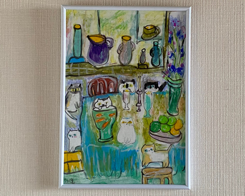 絵画 。手描き【花と食べ物でいっぱいのレストラン、猫たちの楽しいデートと遊び】 1ffdf4b24ffe5c2f68b547f8b3942d