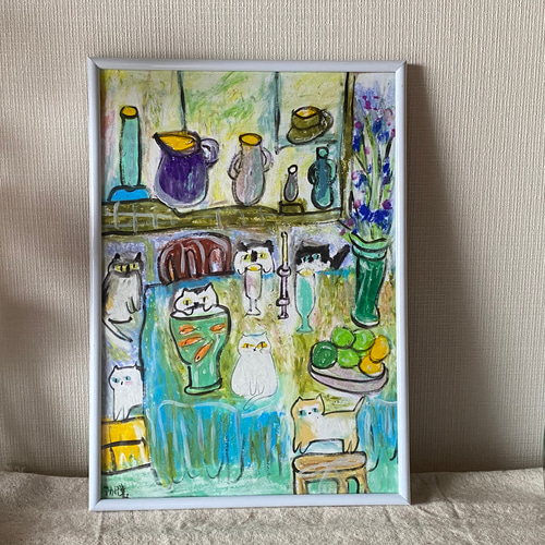 絵画 。手描き【水槽の中のきれいな金魚とかわいい猫たち】 金魚と猫 | おちょぴ ｜インテリア絵画 アートの専門通販