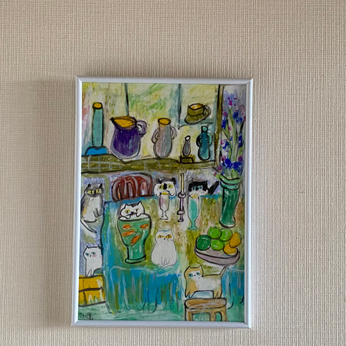 絵画 。壁掛け絵手描き【夕食の前、かわいい猫たち】 絵画 。手描き【水槽の中のきれいな金魚とかわいい猫たち】 絵画