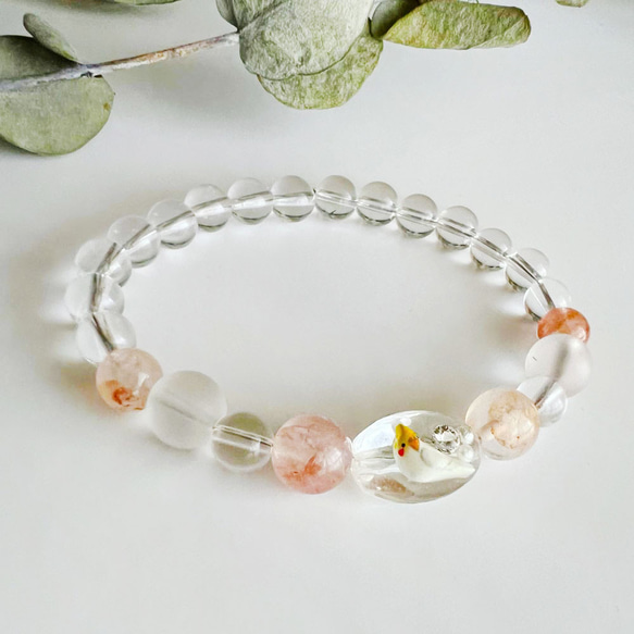 4月:インコと誕生石ブレスレット・4月誕生石・ピンク・水晶（マニカラン産ヒマラヤ水晶、ブラジル産水晶） 4枚目の画像