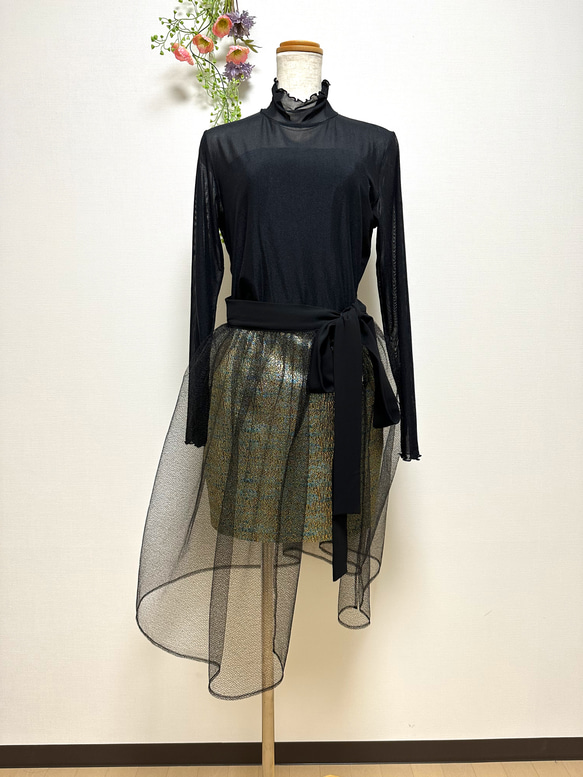ターコイズブルー×ゴールドジャガード織ミニタイトスカート 5枚目の画像