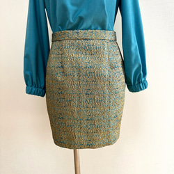 ターコイズブルー×ゴールドジャガード織ミニタイトスカート 1枚目の画像