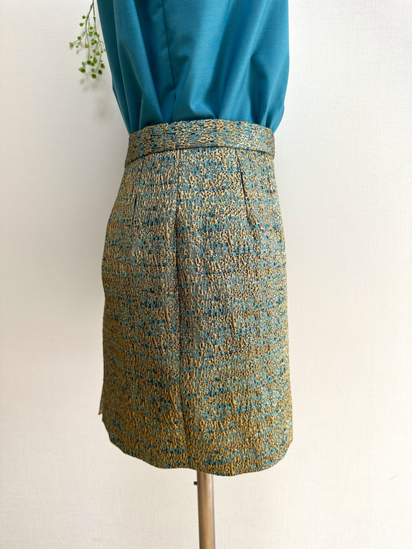 ターコイズブルー×ゴールドジャガード織ミニタイトスカート 3枚目の画像