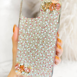 スワロフスキー ビジュ盛り スマホケース  スマホカバー キラキラ　春　桜　ピンク 全機種 3枚目の画像