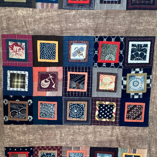 オリーブ 古布 パッチワークタペストリー 古布襤褸×柿渋染