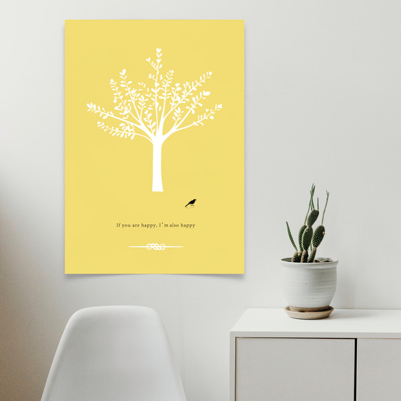 グラフィックデザイン・アートポスター happy bird / 木 鳥 ボタニカル 自然  ポップ ミニマル イエロー 4枚目の画像