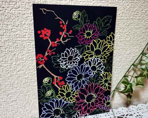 障害者アート スクラッチアート完成品 花 インテリア ハンドメイド