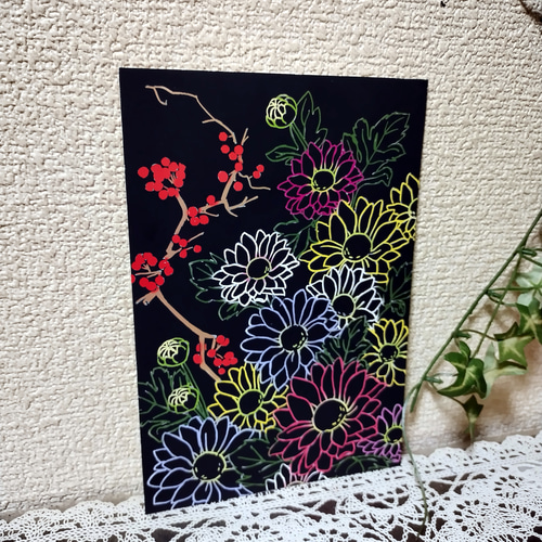 障害者アート スクラッチアート完成品 花 インテリア ハンドメイド