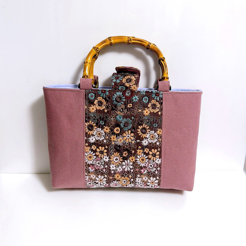 刺繍シリーズ Sバンブーバッグ 「スクエア小花」 和装にも… トート  