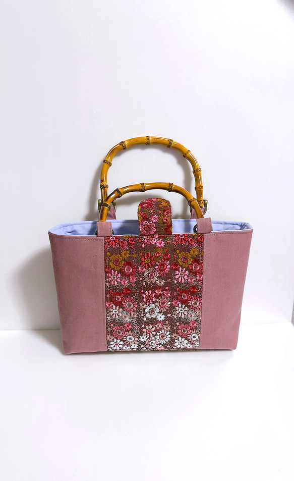 刺繍シリーズ Sバンブーバッグ 「スクエア小花」 和装にも… トート  