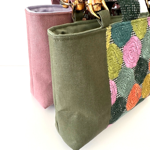 刺繍シリーズ Sバンブーバッグ 「スクエア小花」 和装にも… トート  