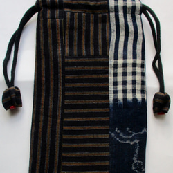 ７０２１　絵絣と唐桟縞の着物で作った巾着袋＃送料無料 5枚目の画像
