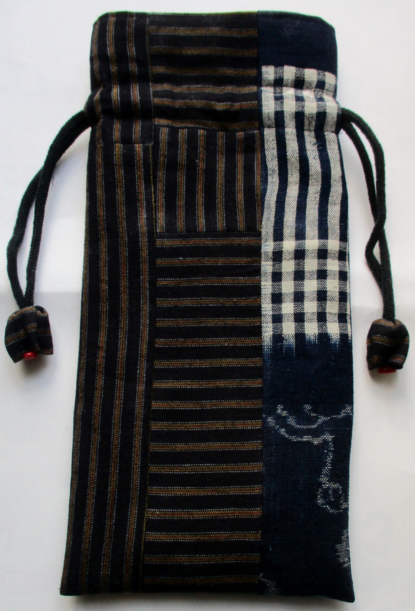 ７０２１　絵絣と唐桟縞の着物で作った巾着袋＃送料無料 5枚目の画像