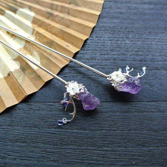 【墨徽閣】逐鹿髮簪(紫水晶+鍍銀簪) 第3張的照片