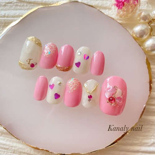 No.008】ピンク系ネイルチップ♡チェック柄♡イニシャルシール50円 黒