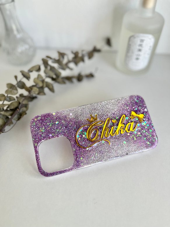 iphone galaxy xperia aquos 対応名前やロゴが入れられるglitterスマホケース 3枚目の画像