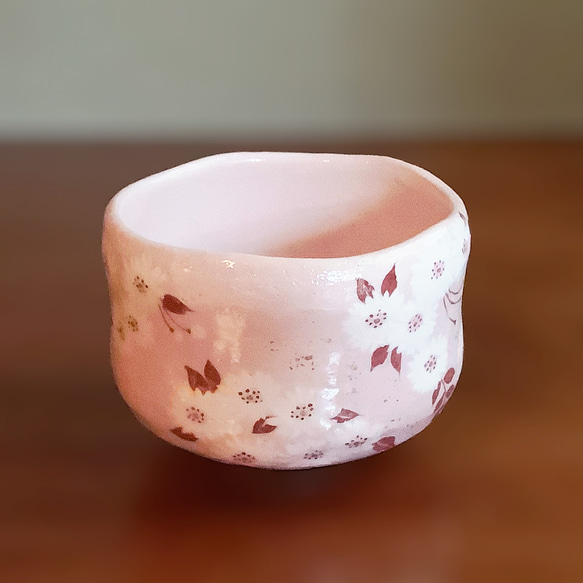 ☆楽入印「八重桜の絵」 抹茶碗☆ 楽焼 茶道具 手描き 茶碗