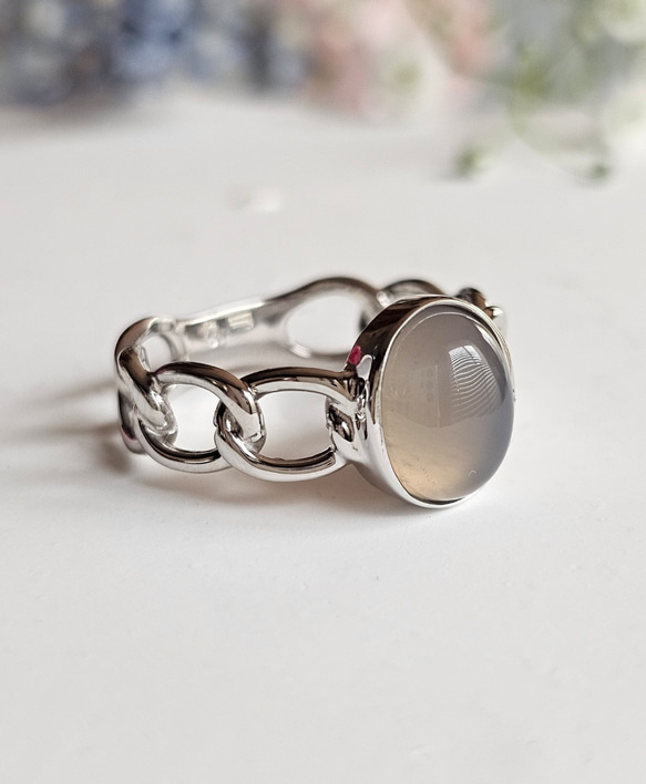 大人のシックなチェーンリング,個性的なシルバーリンググレーオニキス天然石リングRS-234 3枚目の画像