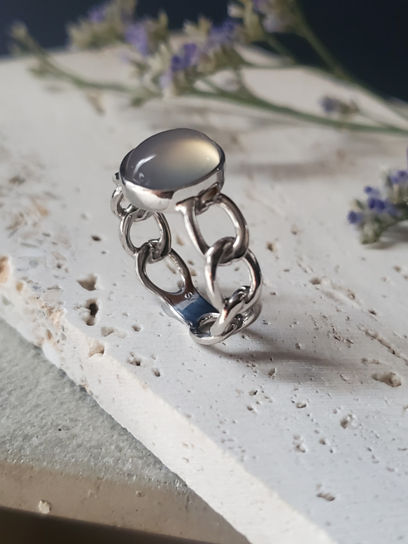 大人のシックなチェーンリング,個性的なシルバーリンググレーオニキス天然石リングRS-234 6枚目の画像