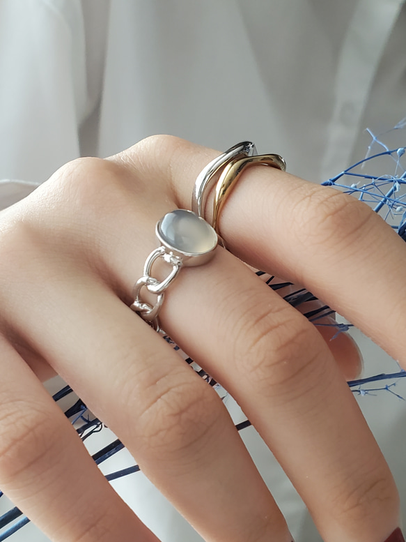 大人のシックなチェーンリング,個性的なシルバーリンググレーオニキス天然石リングRS-234 5枚目の画像