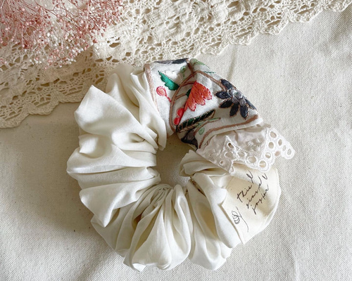 ハンドメイドシュシュM-4015♡桜ジョーゼット♡インド刺繍リボン