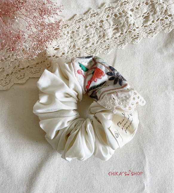 ハンドメイドシュシュM-4038♡渋ピンクジョーゼット♡インド刺繍リボン付♡ ハンドメイドシュシュM-4038♡渋ピンクジョーゼット♡インド刺繍リボン