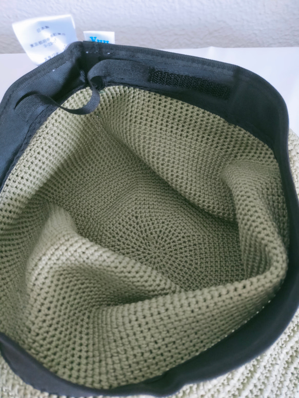 Yuu　コットンツバ広ハット手編み帽子　畳める帽子サイズ調整機能付きグリーン 8枚目の画像