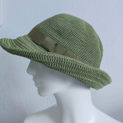 Yuu　コットンツバ広ハット手編み帽子　畳める帽子サイズ調整機能付きグリーン 6枚目の画像