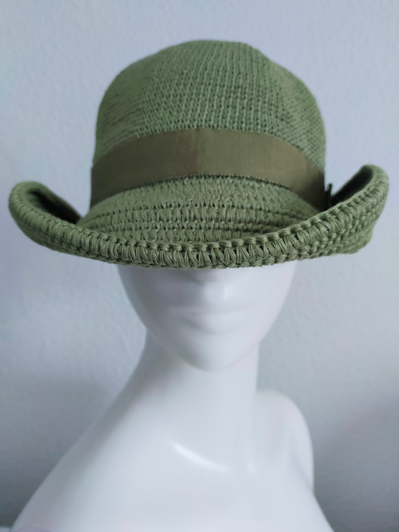 Yuu　コットンツバ広ハット手編み帽子　畳める帽子サイズ調整機能付きグリーン 4枚目の画像