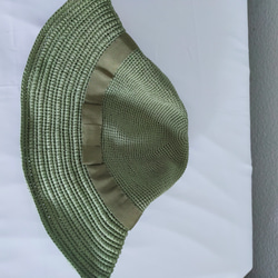 Yuu　コットンツバ広ハット手編み帽子　畳める帽子サイズ調整機能付きグリーン 7枚目の画像