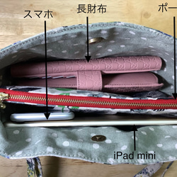 [Walk Pochette] 玫瑰和絲帶圖案海軍可調節繩 Sacoche 型 第4張的照片