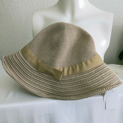 Yuu　コットンツバ広ハット手編み帽子　畳める帽子サイズ調整機能付き　ベージュ 6枚目の画像