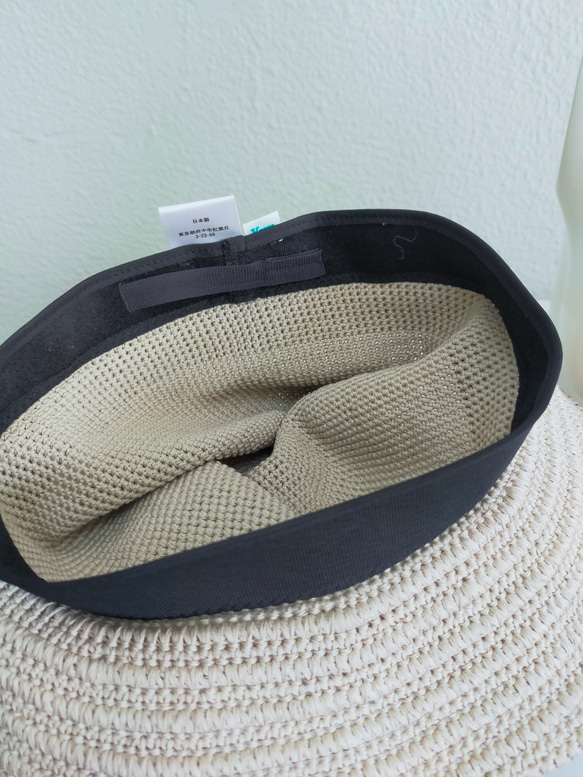 Yuu　コットンツバ広ハット手編み帽子　畳める帽子サイズ調整機能付き　ベージュ 7枚目の画像