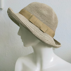 Yuu　コットンツバ広ハット手編み帽子　畳める帽子サイズ調整機能付き　ベージュ 3枚目の画像