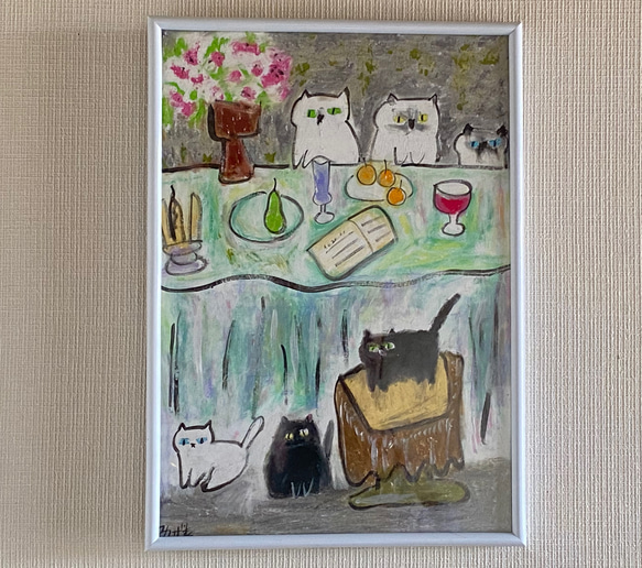 絵画 。手描き【かわいい猫たちが花、ワイン、果物のテーブルを囲んで