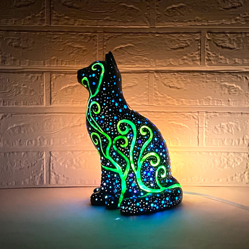 猫型ランプシェード(星空の黒猫 植物) スタンドライト・テーブルランプ