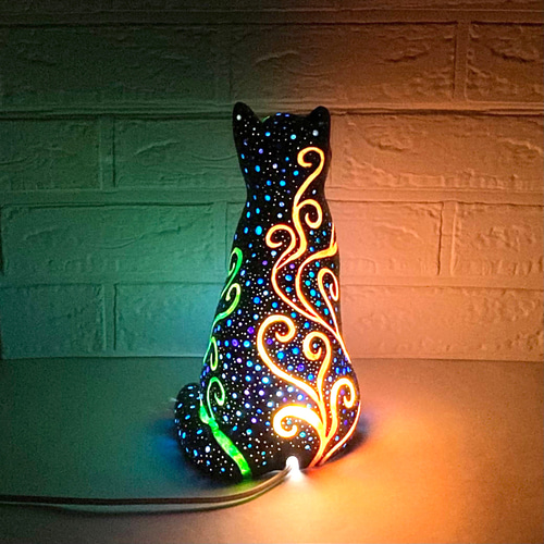 猫型ランプシェード(星空の黒猫 植物) スタンドライト・テーブルランプ