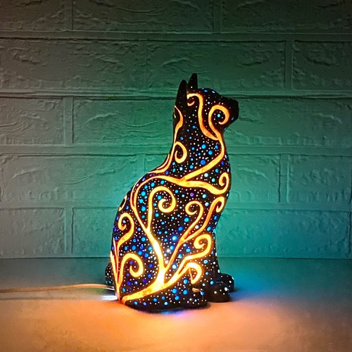 猫型ランプシェード(星空の黒猫 植物) スタンドライト・テーブルランプ