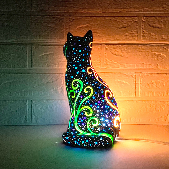 猫型ランプシェード(黒猫と満天の星と植物)