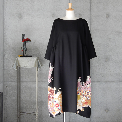 着物リメイク 黒留チュニックワンピース フリーサイズ ストール付き  