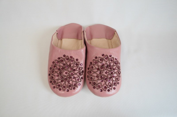 【値引済】￥6480→￥4536【ビーズ・バブーシュ】スモークピンク・スモークピンク ／ モロッコ　高品質革 2枚目の画像