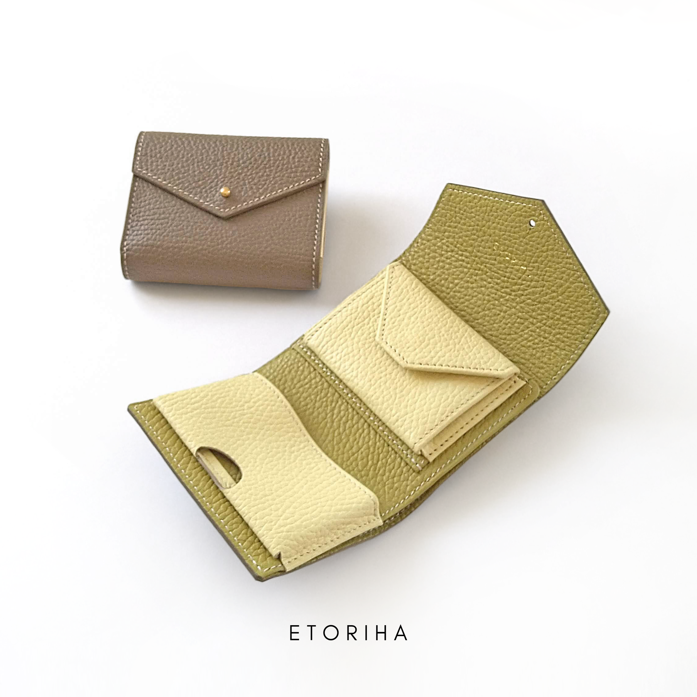 tayori｜手のひらサイズ＋収納力◎の三つ折り財布【トープ × イエロー】イタリア製シュリンクレザー