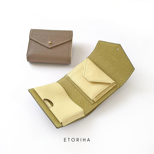 tayori｜手のひらサイズ＋収納力◎の三つ折り財布【トープ × イエロー】イタリア製シュリンクレザー 出産祝い 合格祝い