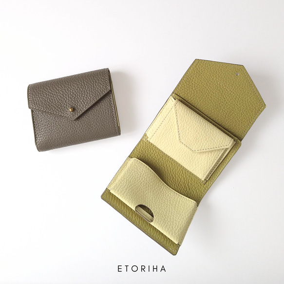 tayori｜手のひらサイズ＋収納力◎の三つ折り財布【トープ × イエロー】イタリア製シュリンクレザー 出産祝い 合格祝い