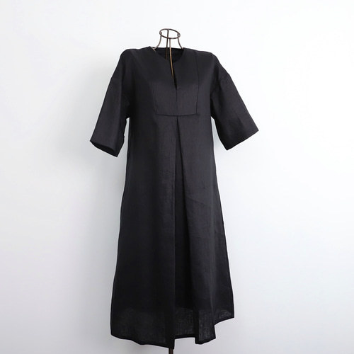 SALE！！】リネン 七分袖 フレアワンピース ブラック 0625BK