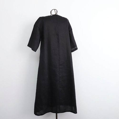 SALE！！】リネン 七分袖 フレアワンピース ブラック 0625BK