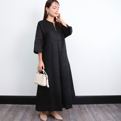 SALE！！】リネン 七分袖 フレアワンピース ブラック 0625BK