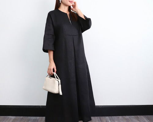 SALE！！】リネン 七分袖 フレアワンピース ブラック 0625BK