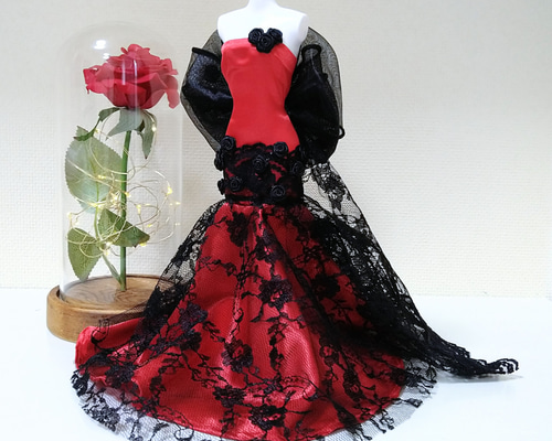 166一点物ミニチュアウエディングドレス☆赤黒マーメイドドレス結婚式