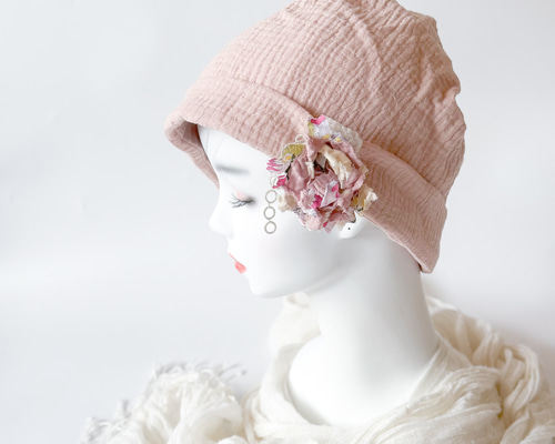 医療用ケア帽子ハンドメイド ふんわりガーゼ一重 くすみピンク